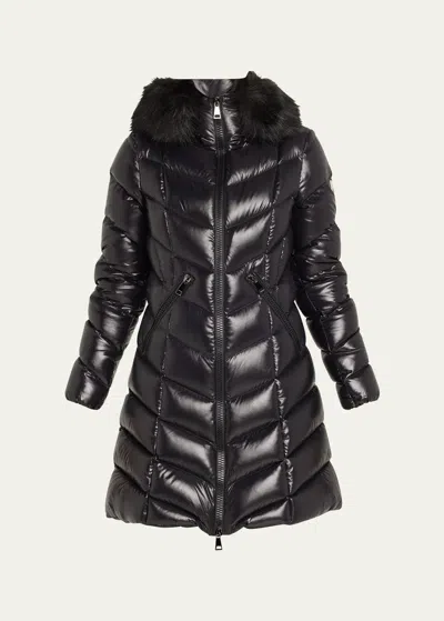 MONCLER FULMARUS CHEVRON-QUILTED LONG PUFFER COAT WITH FAUX FUR TRIM