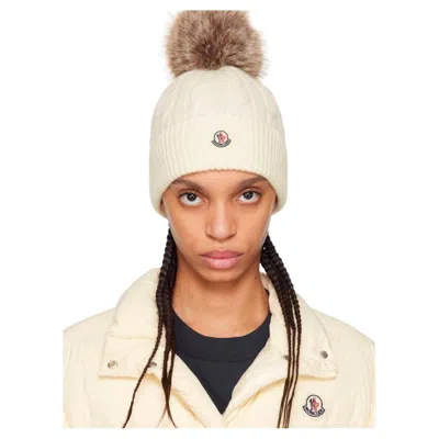 Pre-owned Moncler Fur Pom Pom Beanie. Iconic Apres-ski Luxury Knit. White / Cream.