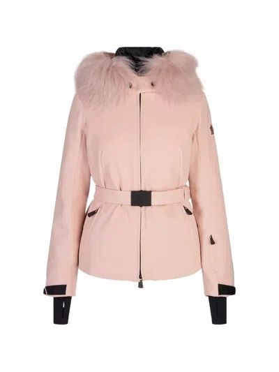 Moncler Fur Trim Belted Coat In Pink