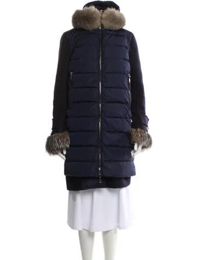 Pre-owned Moncler Fur Trim Down Coat In Blue