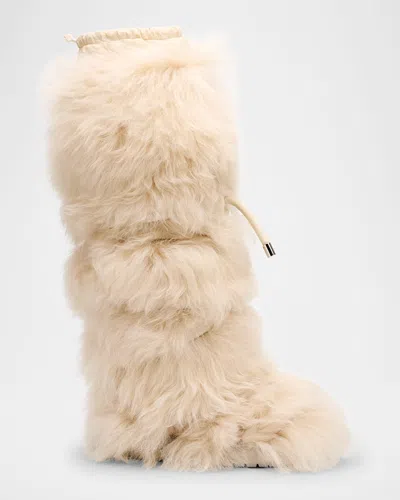 Moncler Gaia Shaggy Shearling Tall Snow Boots In Brown