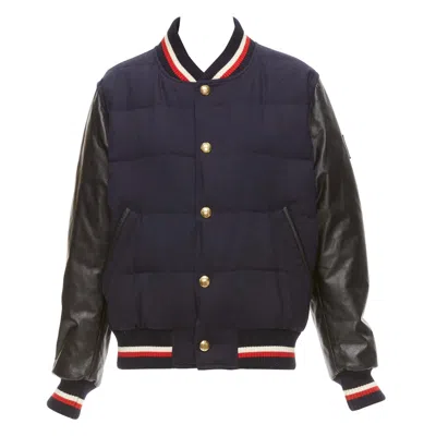 Pre-owned Moncler Gamme Bleu Navy Wool Leather Sleeves Goose Down Bomber Jacket Sz2 M In Blue