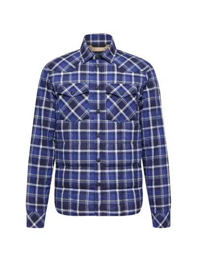 Moncler Grenoble Gelt Plaid Stretch Cotton Puffer Down Shirt Jacket In Blue
