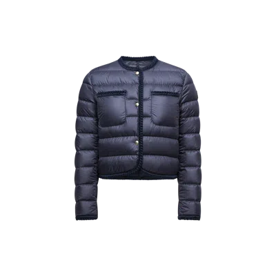 MONCLER GENCAY BRAIDED TRIM SHORT DOWN JACKET, WOMEN, BLUE, SIZE: 2