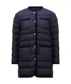 Moncler Gencaylong Woven Trimmed Long Down Jacket In Blue