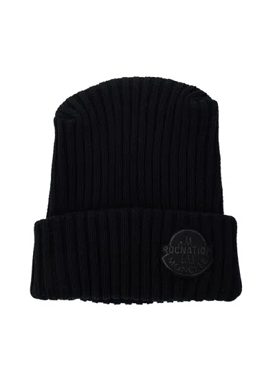 MONCLER GENIUS BLACK RIBBED BEANIW WITH MONCLER X ROC NATION BY JAY-Z PATCH IN CARDED WOOL MAN