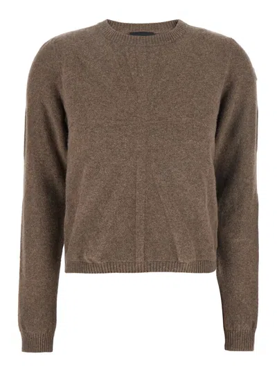 Moncler Genius Biker Brown Crewneck Sweater With Logo Patch On The Sleeve In Wool And Cashmere Blend Woman