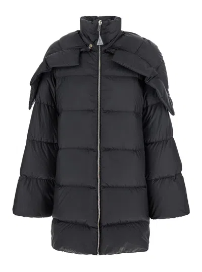 Moncler Genius Rick Owens X Moncler 'cyclopic' Black Down Jacket With Removable Hood And Logo Patch In Tech Fabric 