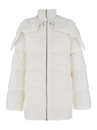 Moncler Genius Rick Owens X Moncler 'cyclopic' White Down Jacket With Removable Hood And Logo Patch In Tech Fabric 