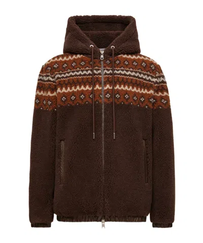 Moncler Geometric Jacquard Wool Blend Hoodie In Brown