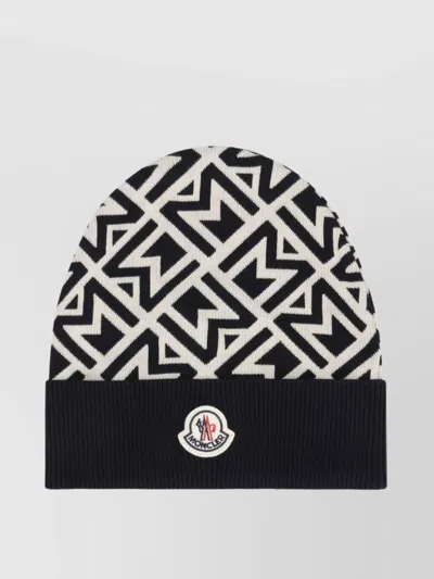 Moncler Geometric Pattern Cotton Hat With Ribbed Cuff In Black