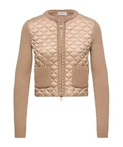 Moncler Geometric-quilted Padded Zip-up Cardigan In Brown
