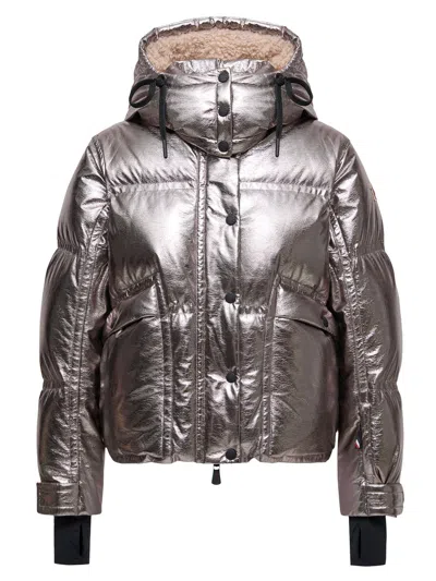 Moncler Metallic Ski Jacket With Hood Calaque In Silver