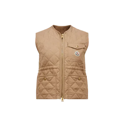 MONCLER VIGNY DIAMOND-QUILTED PADDED LINEN GILET, WOMEN, BEIGE, SIZE: 2