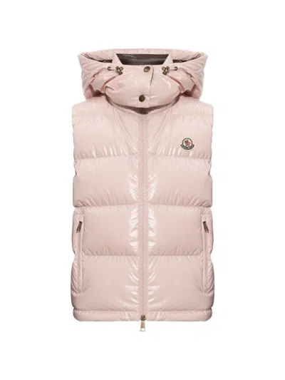 MONCLER Pink padded vest with hood and side pockets MONCLER