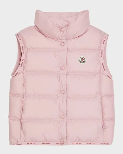 Moncler Kids' Girl's Badia Logo Tape Puffer Vest In Pastel Pink