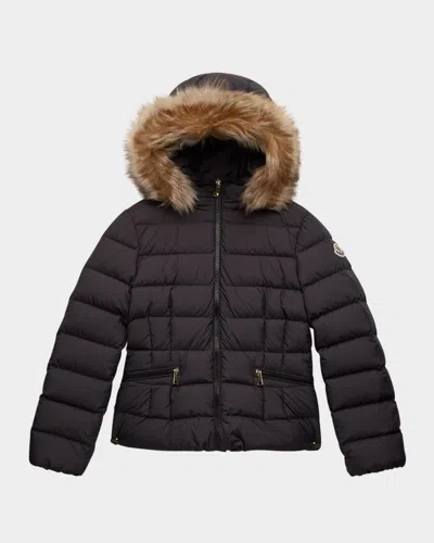 Moncler Kids' Girl's Bodette Puffer Jacket W/ Dyed Shearling Hood In Black