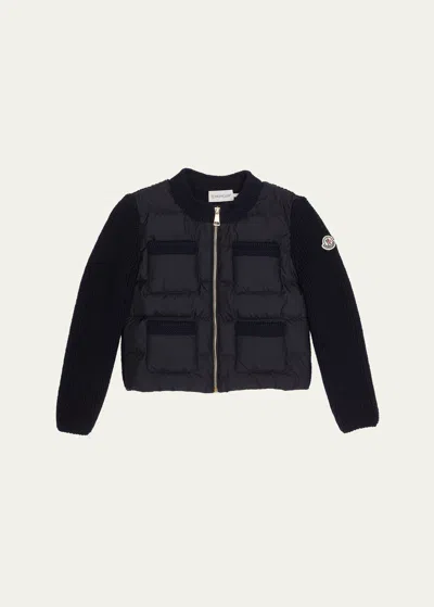 Moncler Kids' Girl's Combo Knit Cardigan In Navy