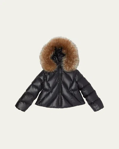 Moncler Kids' Girl's Domas Shearling Hooded Down Jacket In Black