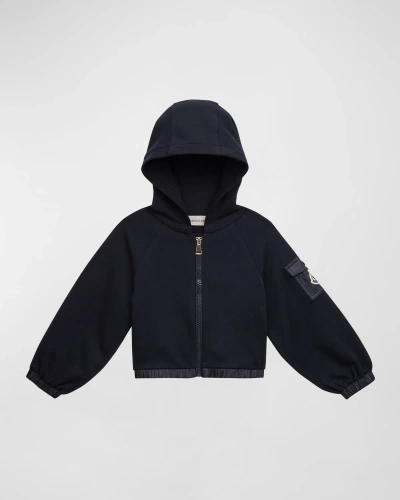 Moncler Kids' Girl's Fleece Logo Hoodie In Blue