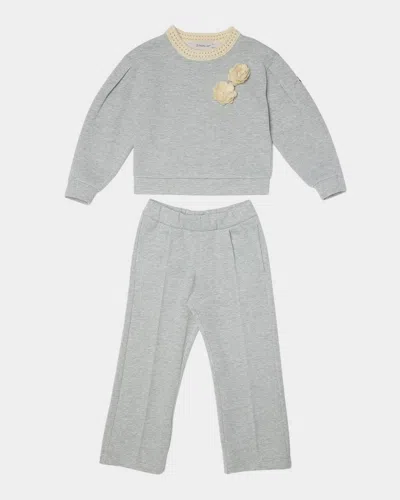 MONCLER GIRL'S FLORAL APPLIQUE SWEATSHIRT & SWEATPANTS SET