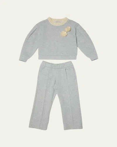 Moncler Kids' Girl's Floral Applique Sweatshirt & Sweatpants Set In Gray