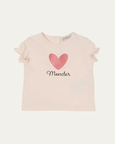 Moncler Kids' Girl's Heart Logo-print Short-sleeve T-shirt In Pink
