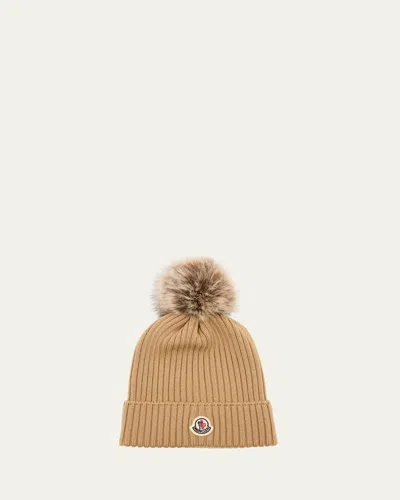 Moncler Kids' Girl's Logo-patch Ribbed Wool Beanie In Brown