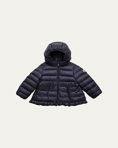 Moncler Kids' Girl's Odile A-line Ruffle-trim Coat In Blue