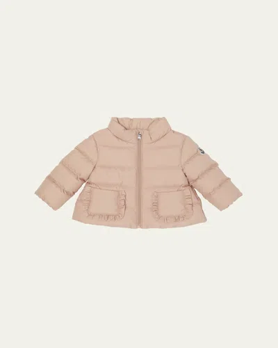 Moncler Kids' Girl's Onica Ruffled A-line Down Coat In Brown