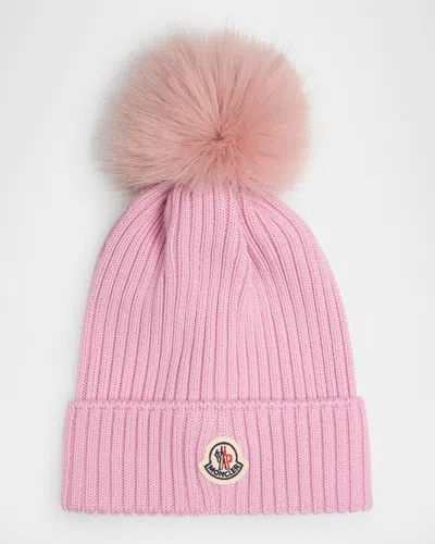 Moncler Kids' Girl's Ribbed Logo-patch Wool Beanie In Pink