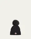 Moncler Girl's Ribbed Logo-patch Wool Beanie In Black