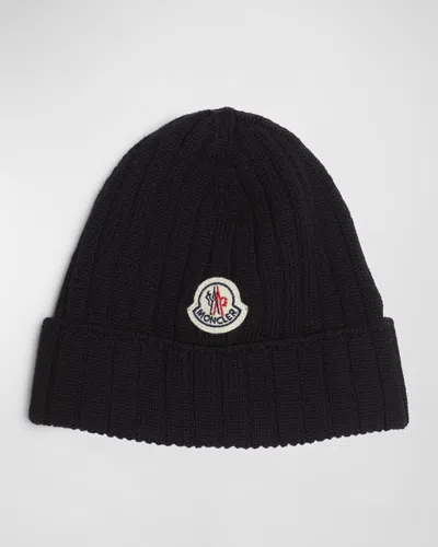 Moncler Girl's Ribbed Wool Beanie With Logo Patch In Blue