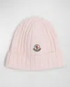 Moncler Kids' Girl's Ribbed Wool Beanie With Logo Patch In Light Pink