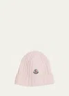 Moncler Girl's Ribbed Wool Beanie With Logo Patch In Light Pink