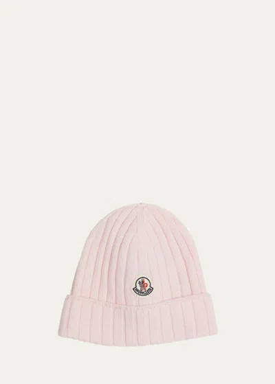 MONCLER GIRL'S RIBBED WOOL BEANIE WITH LOGO PATCH