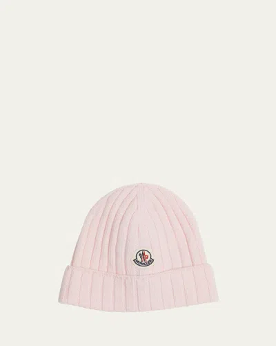 Moncler Kids' Girl's Ribbed Wool Beanie With Logo Patch In Pink