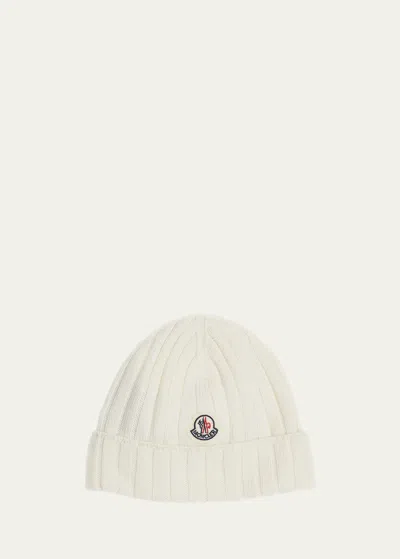 MONCLER GIRL'S RIBBED WOOL BEANIE WITH LOGO PATCH