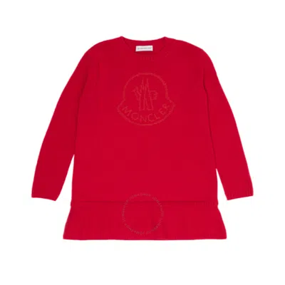 Moncler Girls Logo-embroidered Virgin-wool Dress In Red
