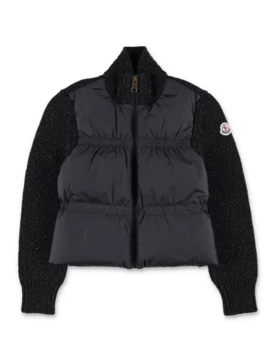 Moncler Girls Metallic-thread Merino Wool & Down-front Zip Cardigan In Black