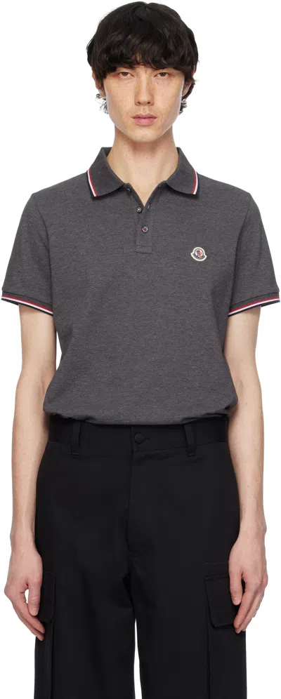 Moncler Cotton Piquet Polo Shirt With Tricolor Trim In Gray