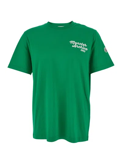 Moncler Green Crewneck T-shirt With Logo Print On The Front And Logo Patch On The Sleeve In Cotton M