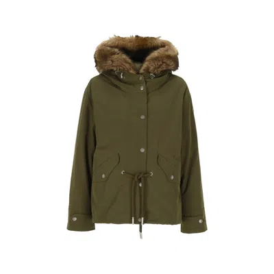 Moncler Shearling Trim Parka Coat In Green