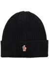 Moncler Grenoble Black Ribbed Beanie With Logo Patch In Wool Man In Black