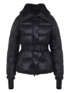 Moncler Puffer Jacket With Belted Waist And High Collar In Blue