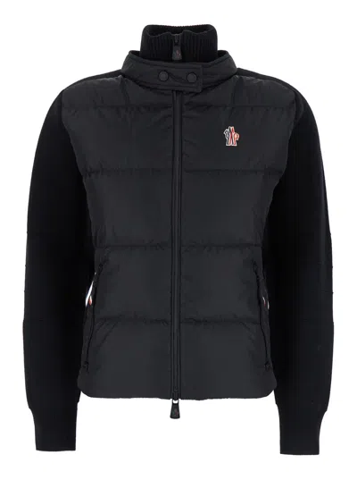 Moncler Grenoble Black Turtleneck Cardigna With Logo Application In Tech Fabric Woman