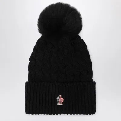 MONCLER MONCLER GRENOBLE  BLACK WOOL HAT WITH POM POM