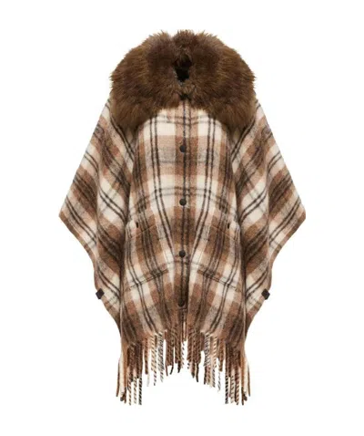 Moncler Grenoble Fringed Checked Cape In Brown