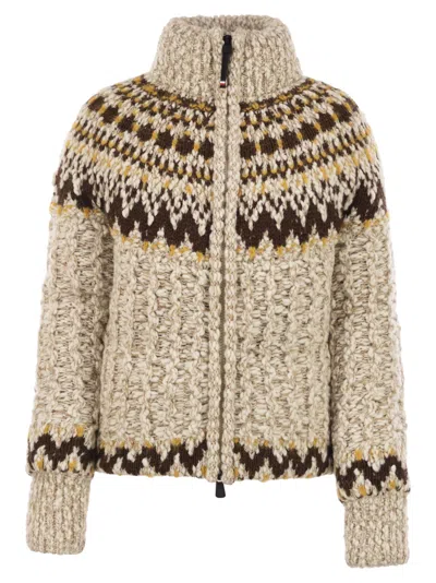 Moncler Grenoble Girose Cardigan With Zip In Wool Blend In Brown