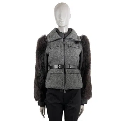 Pre-owned Moncler Grenoble Grey Fur Sleeve Herringbone Tweed Puffer Jacket 0 In Gray